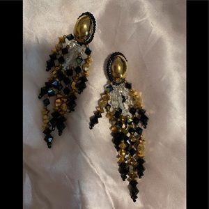 Super dressy vintage earrings, round disc with beaded long tails, about 3.5 “